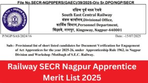 Railway SECR Nagpur Apprentice Merit List 2025
