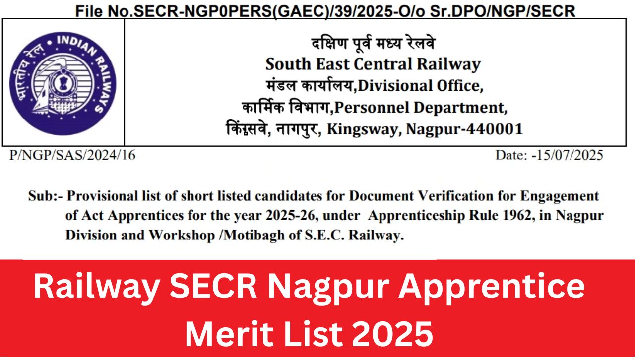 Railway SECR Nagpur Apprentice Merit List 2025