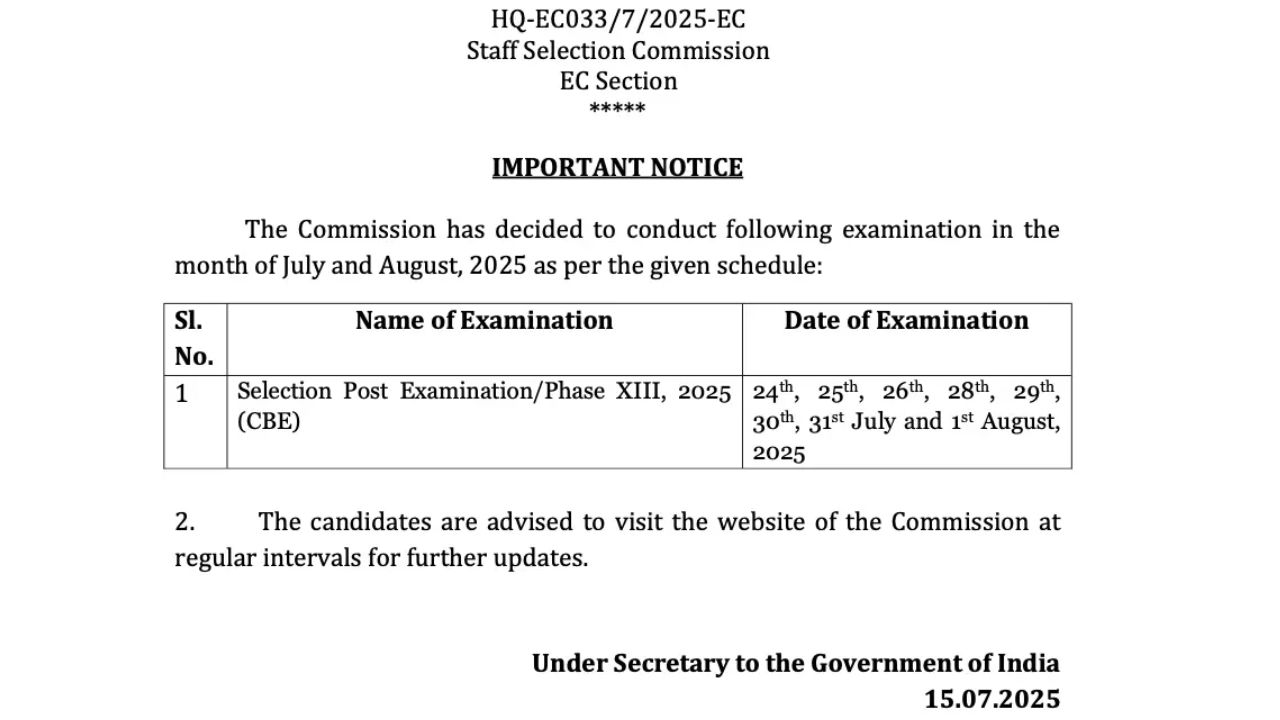 SSC Phase 13 Exam Date 2025 Out