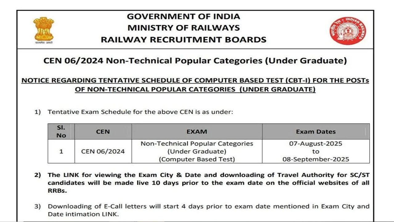 RRB NTPC UG Admit Card 2025