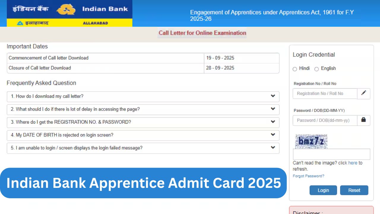 Indian Bank Apprentice Admit Card 2025