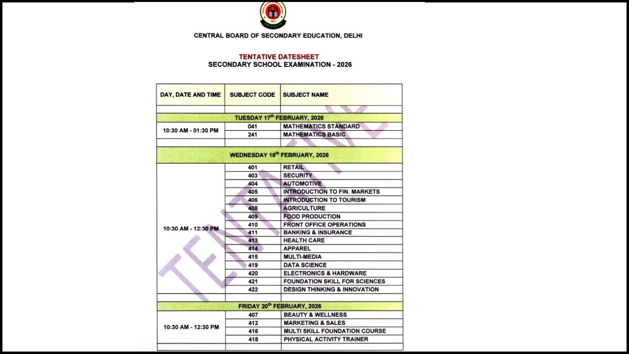 CBSE 10th and 12th Exam Date Sheet 2026