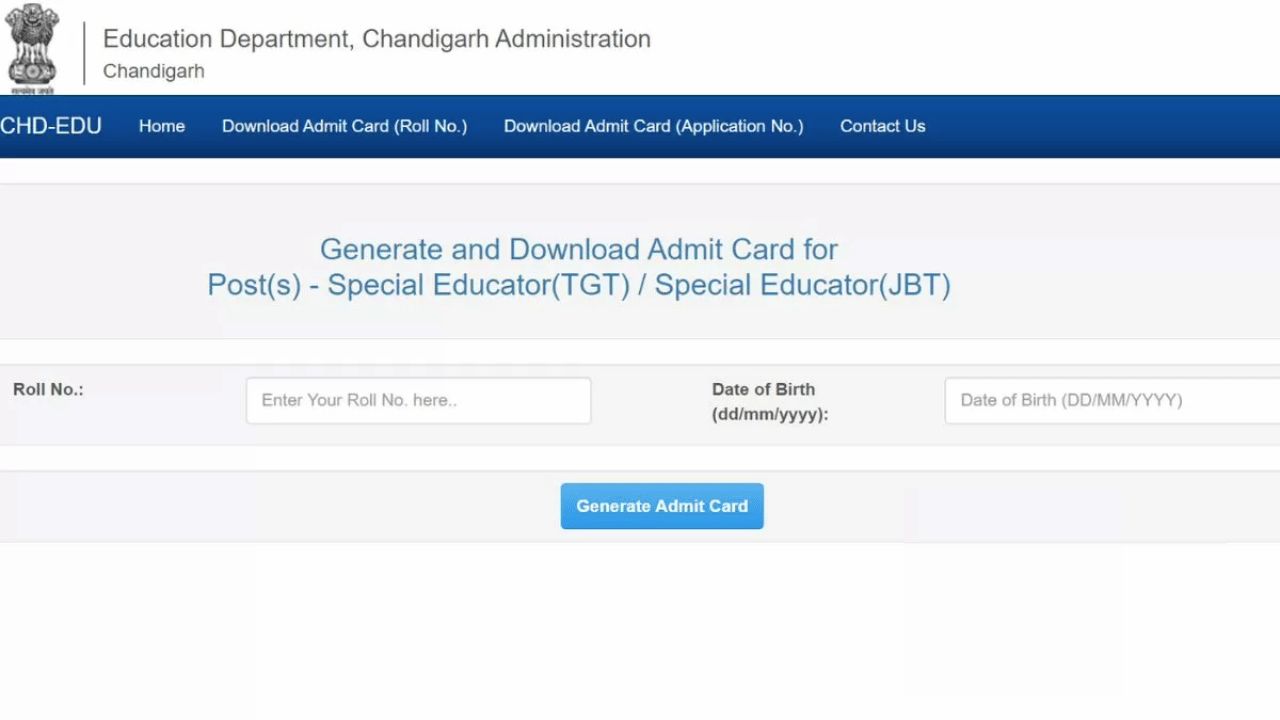Chandigarh SSA JBT Primary Teacher Admit Card 2025