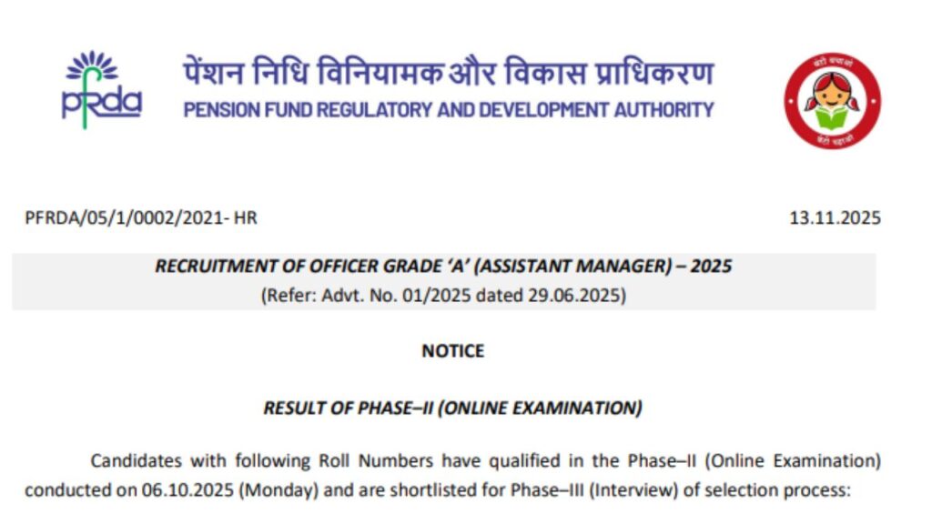 PFRDA Assistant Manager Phase-II Result 2025