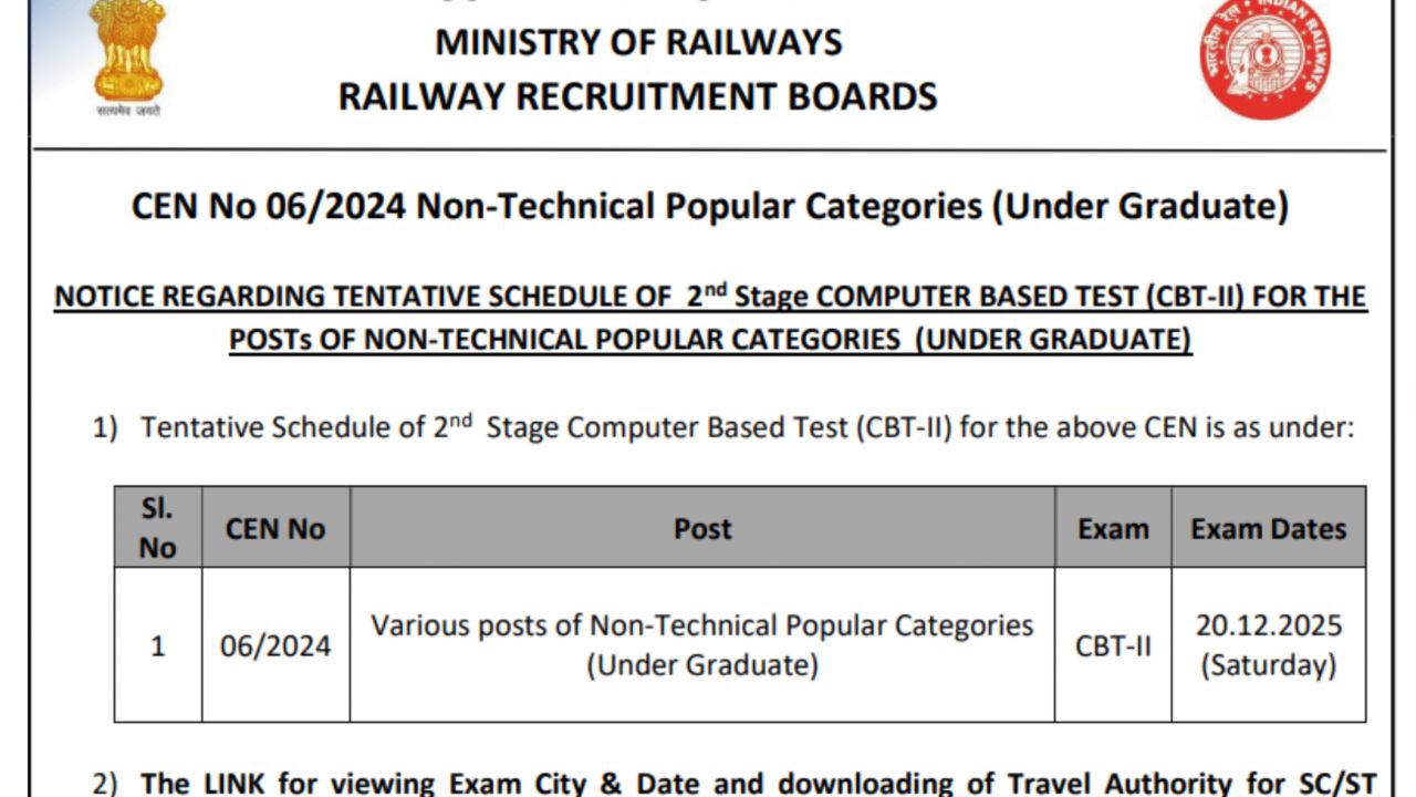 RRB NTPC 10+2 Inter Level CBT 2 Exam Date 2025