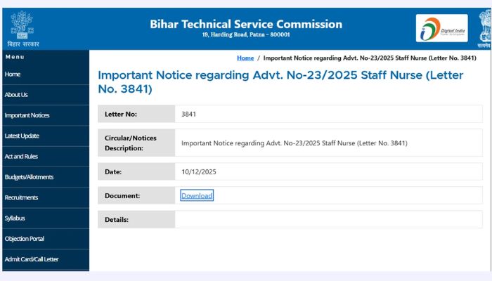 Bihar BTSC Staff Nurse Result 2025