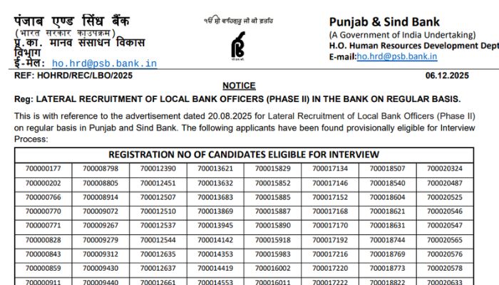 Panjab & Sind Bank LBO Result 2025