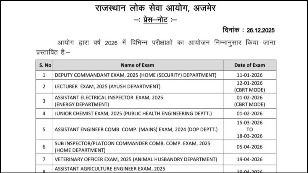 RPSC Exam Calendar 2026