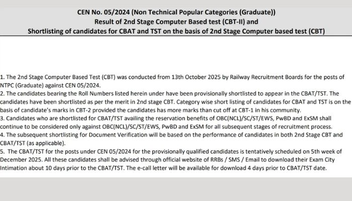 RRB NTPC Graduate CBT- 2 Result 2025 RRB NTPC Graduate CBT- 2 Result 2025