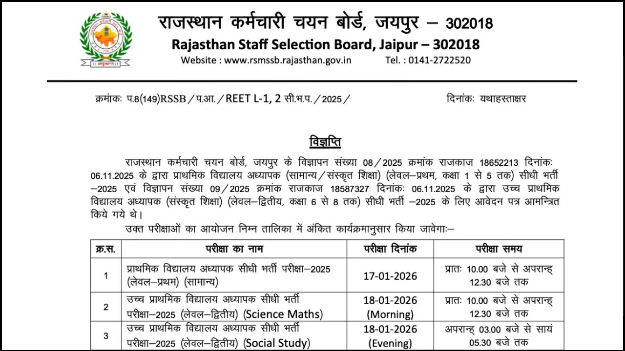 RSSB REET Mains Upper Teacher Exam Date 2025