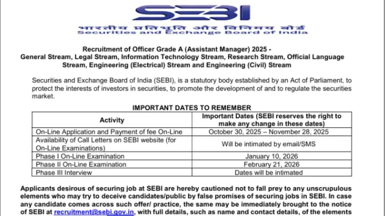 SEBI Grade A Exam Date 2025