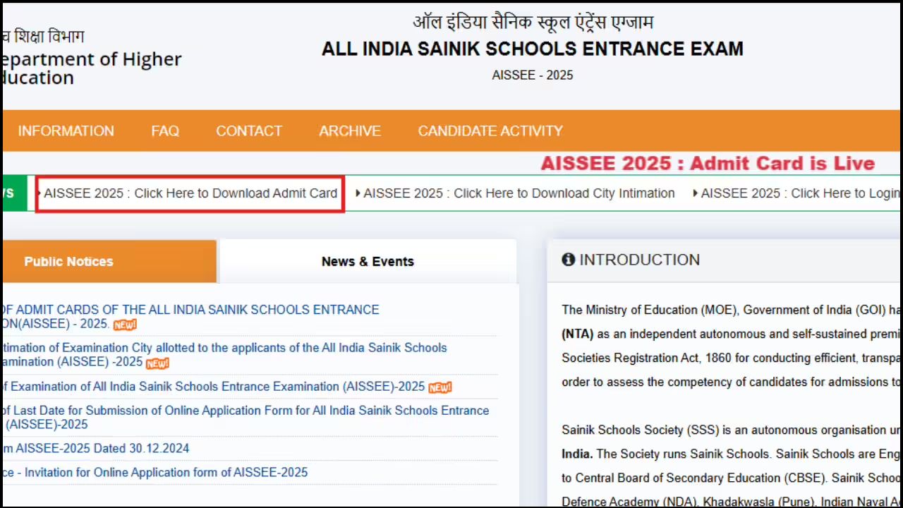 NTA AISSEE Admit Card & Exam Details 2026