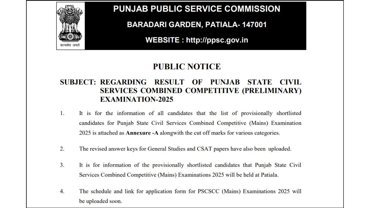 Punjab PCS Prelims Result 2025-26