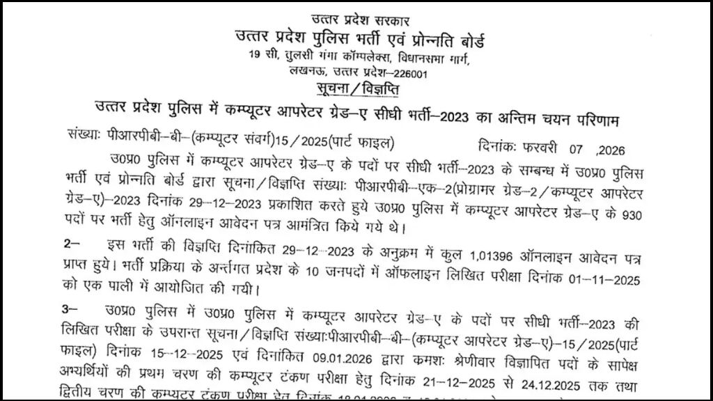 UP Police Computer Operator Final Result 2026