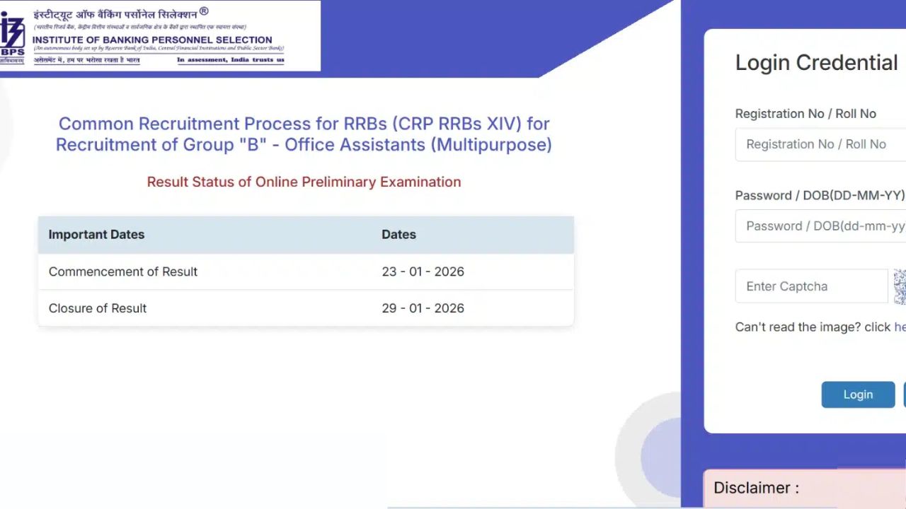 IBPS RRB XIV 14th Office Assistant Mains Result 2026