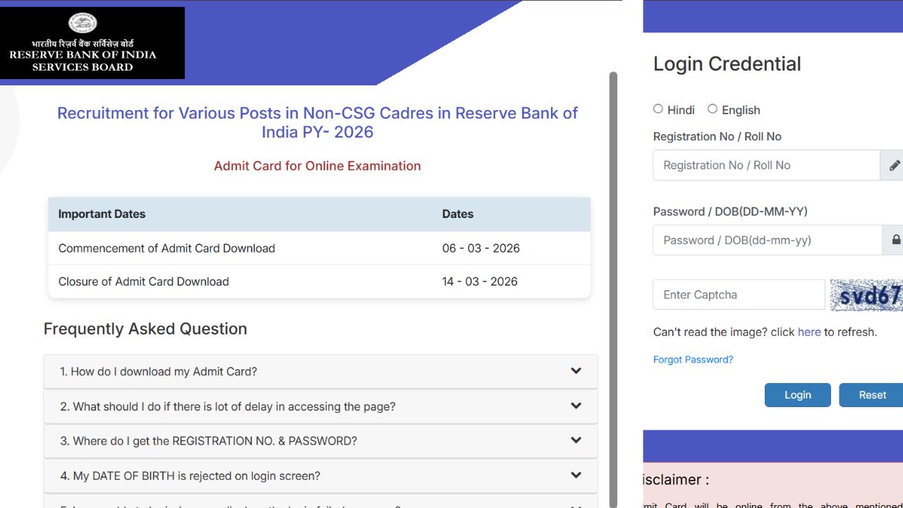 RBI Non CSG Various Post Admit Card 2026
