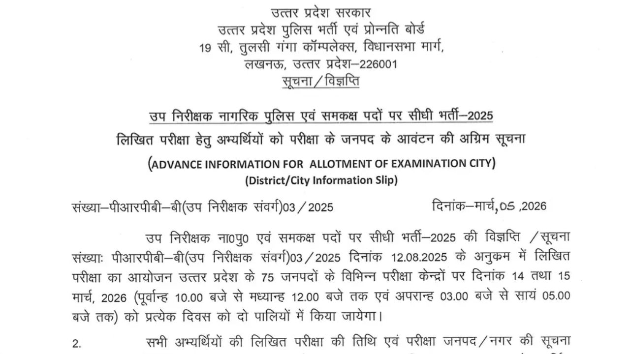 UP Police SI Exam City Details 2026