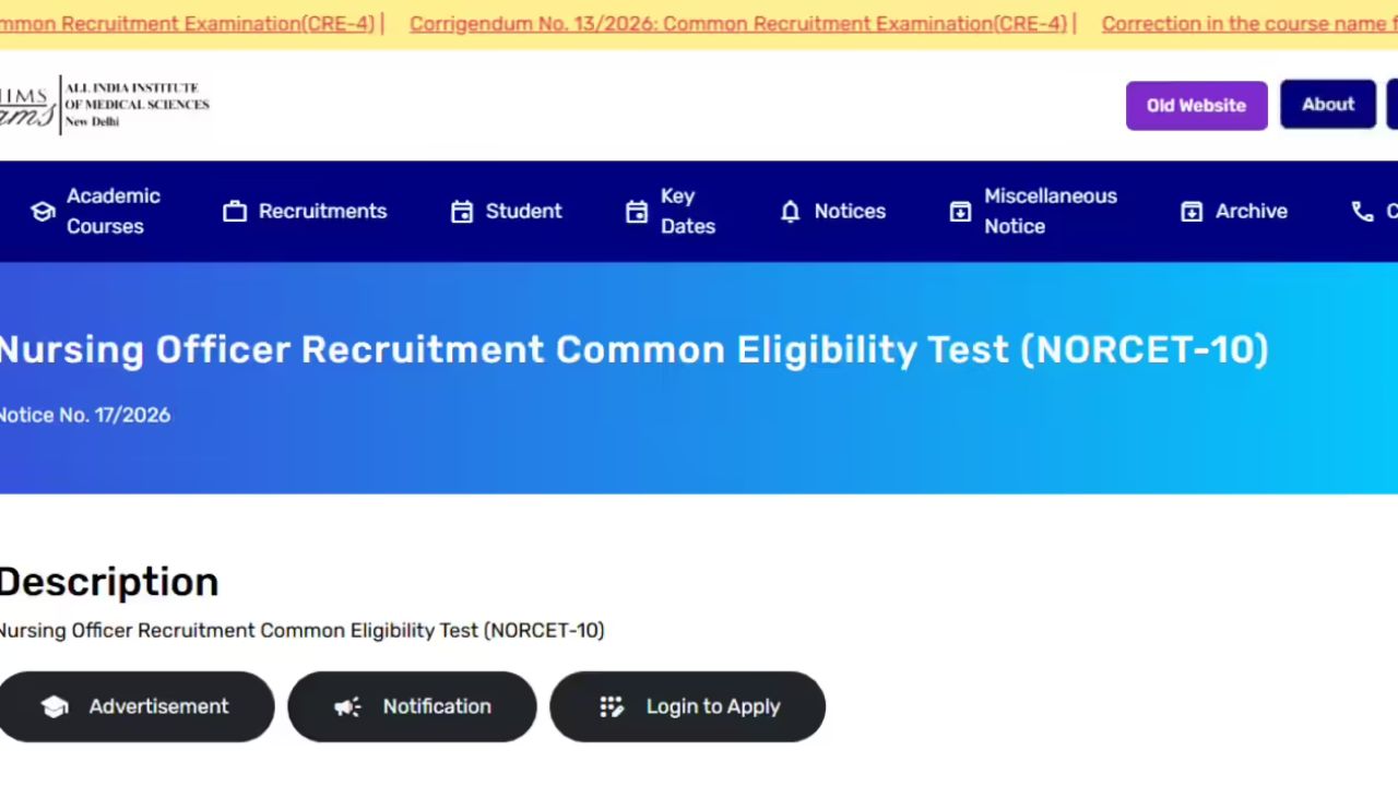 AIIMS NORCET 10th Nursing Officer Admit Card 2026