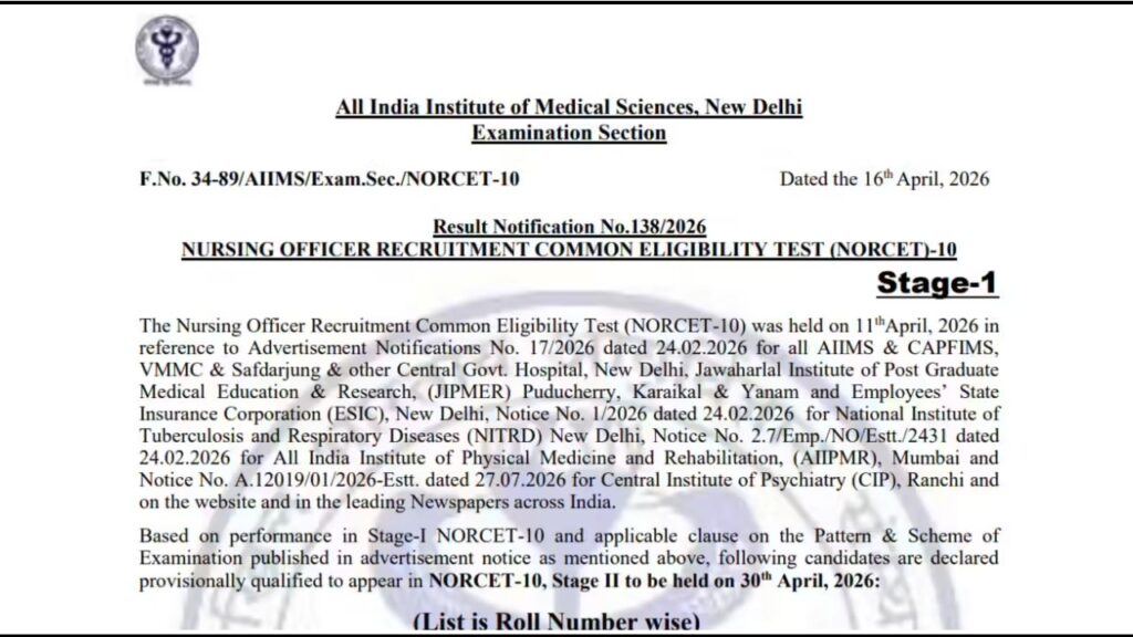 AIIMS NORCET 10th Nursing Officer CBT I Result 2026