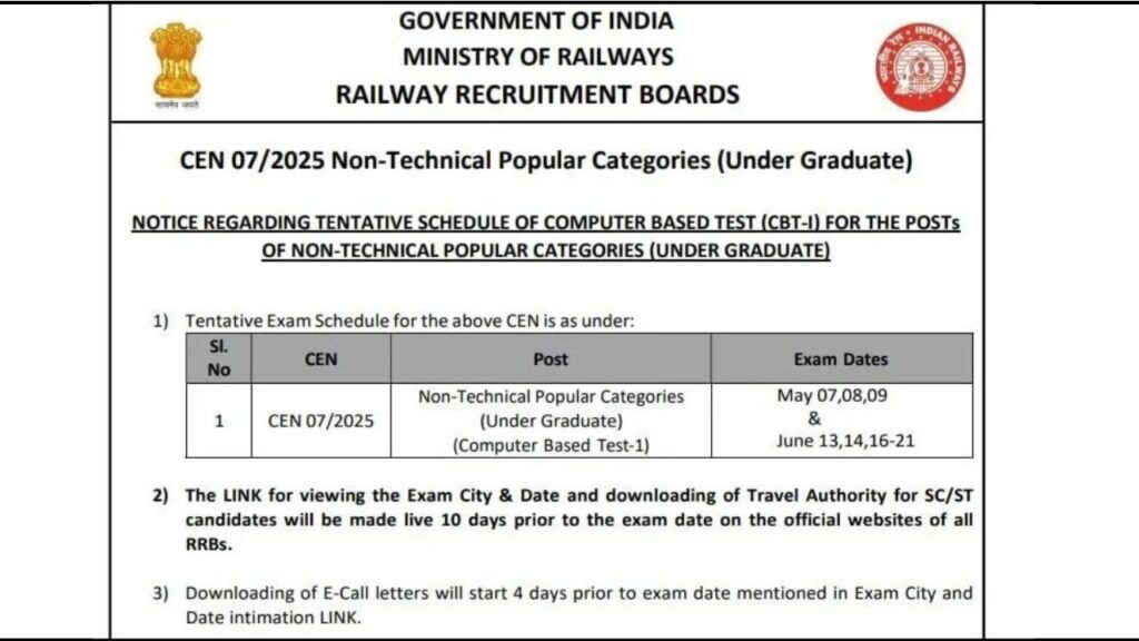 RRB NTPC 10+2 UG Exam Date 2026
