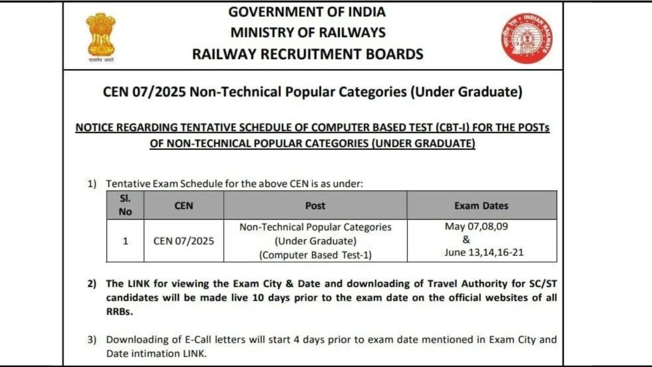RRB NTPC 10+2 UG Exam Date 2026