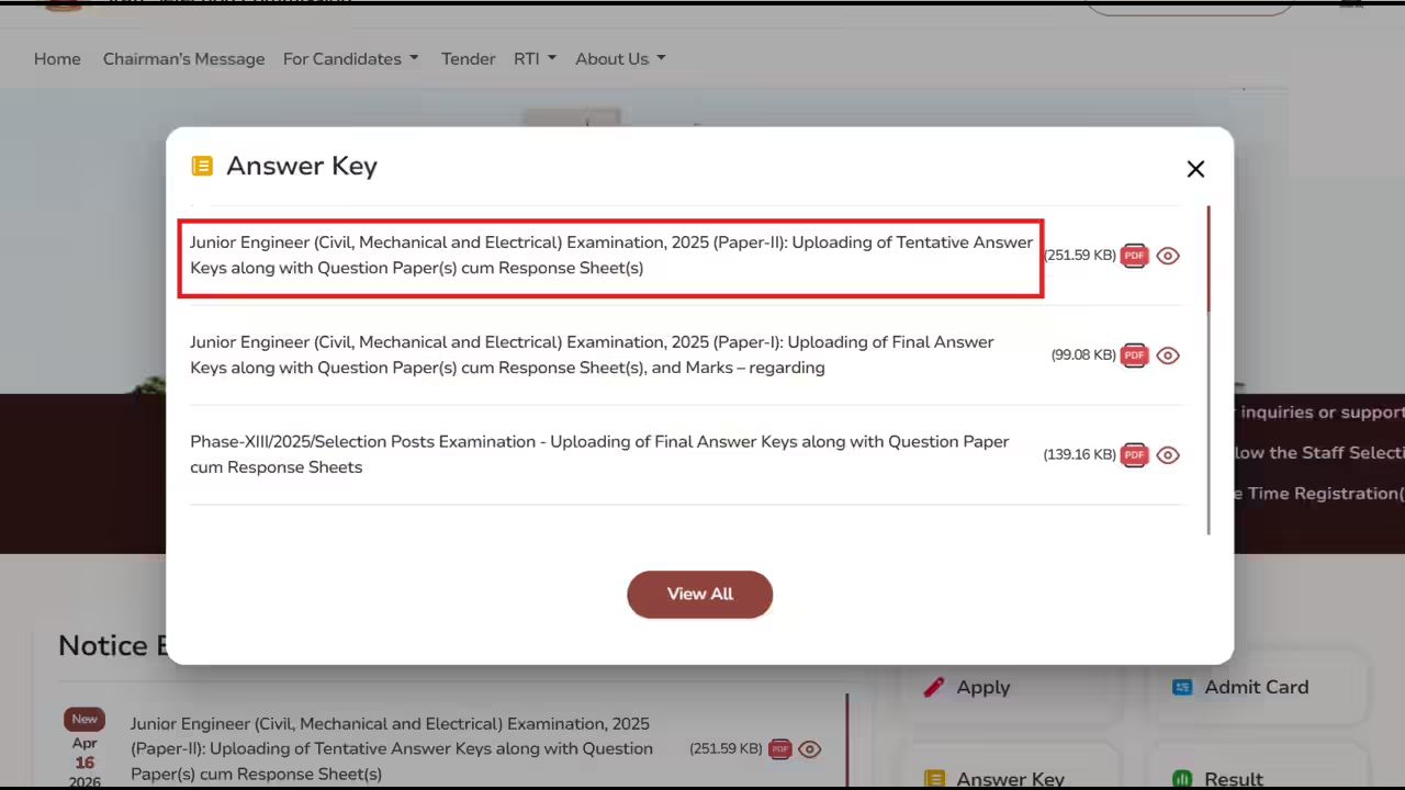 SSC JE Tier-II Answer Key 2026