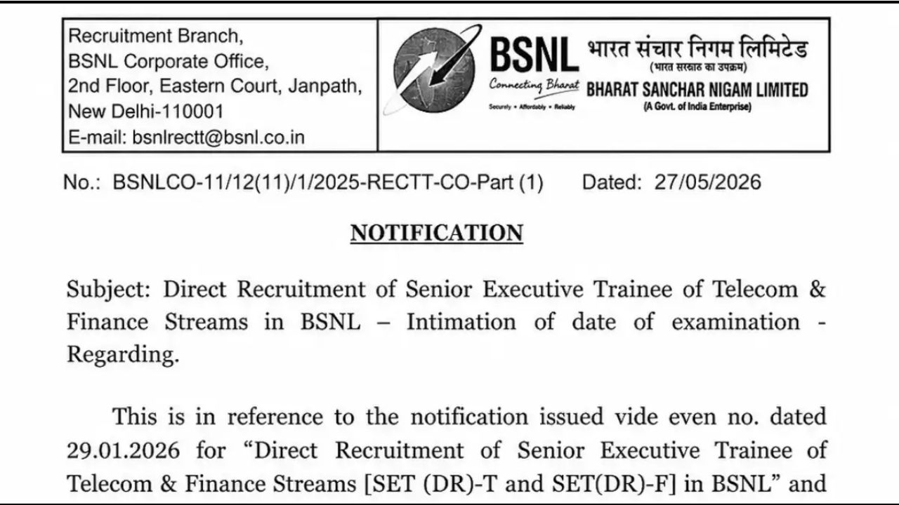 BSNL Senior Executive Trainee Exam Date 2026