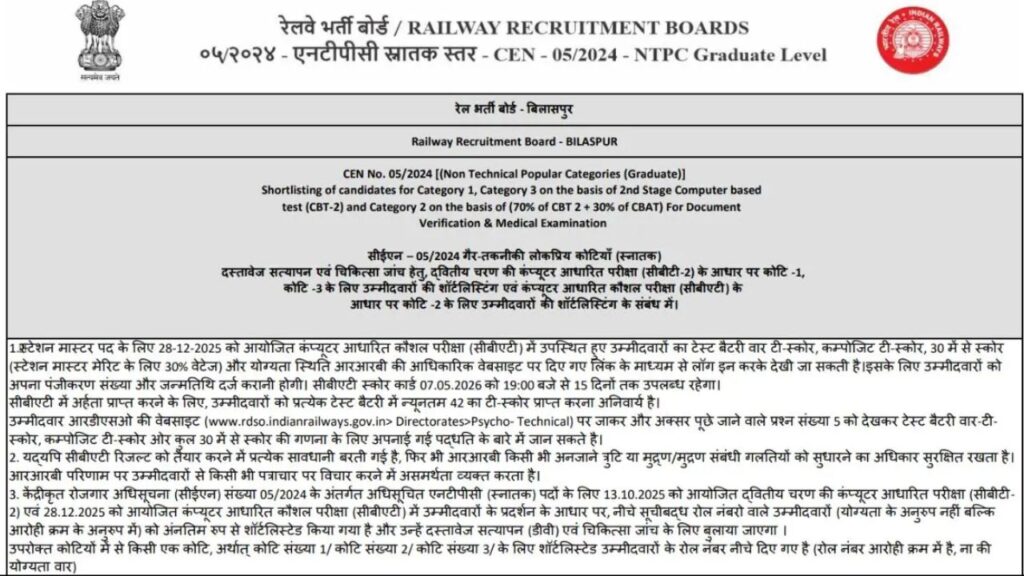 RRB NTPC Graduate Level Final Result 2026