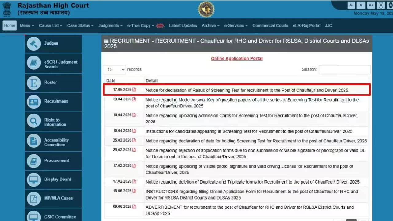 Rajasthan High Court Chauffeur, Driver Result 2026