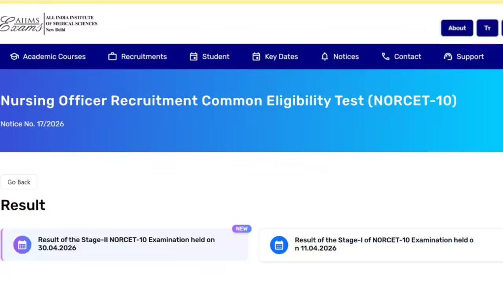 AIIMS NORCET 10TH Nursing Officer Seat Allotment Result 2026