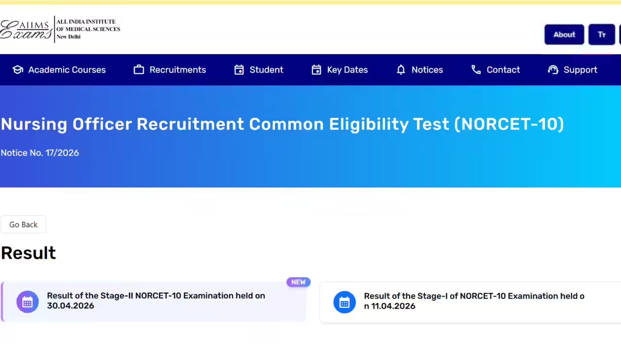 AIIMS NORCET 10TH Nursing Officer Seat Allotment Result 2026
