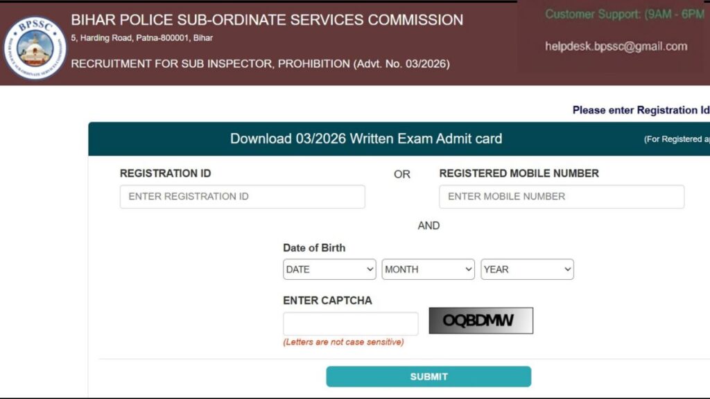 BPSSC SI Prohibition Pre Admit Card 2026
