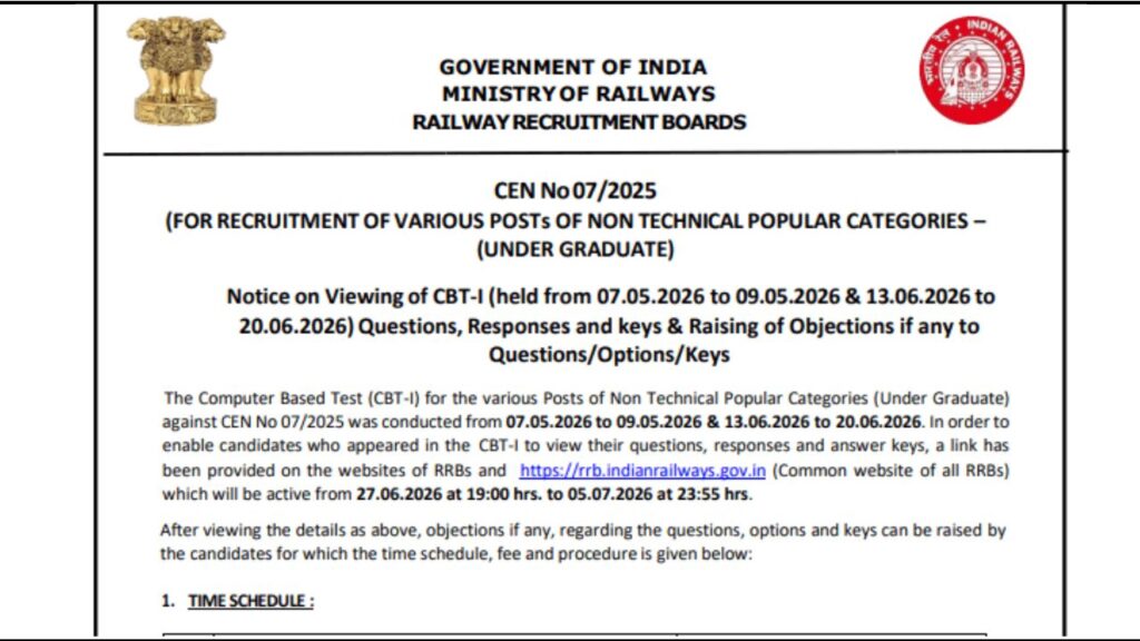 RRB NTPC 10+2 UG Answer Key 2026