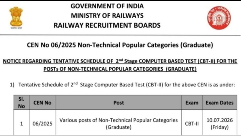 RRB NTPC Graduate Level CBT-II Exam Date 2026