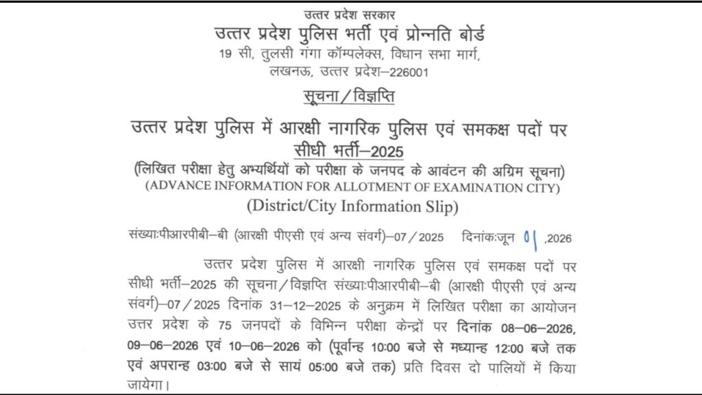 UP Police Constable Exam City Details 2026