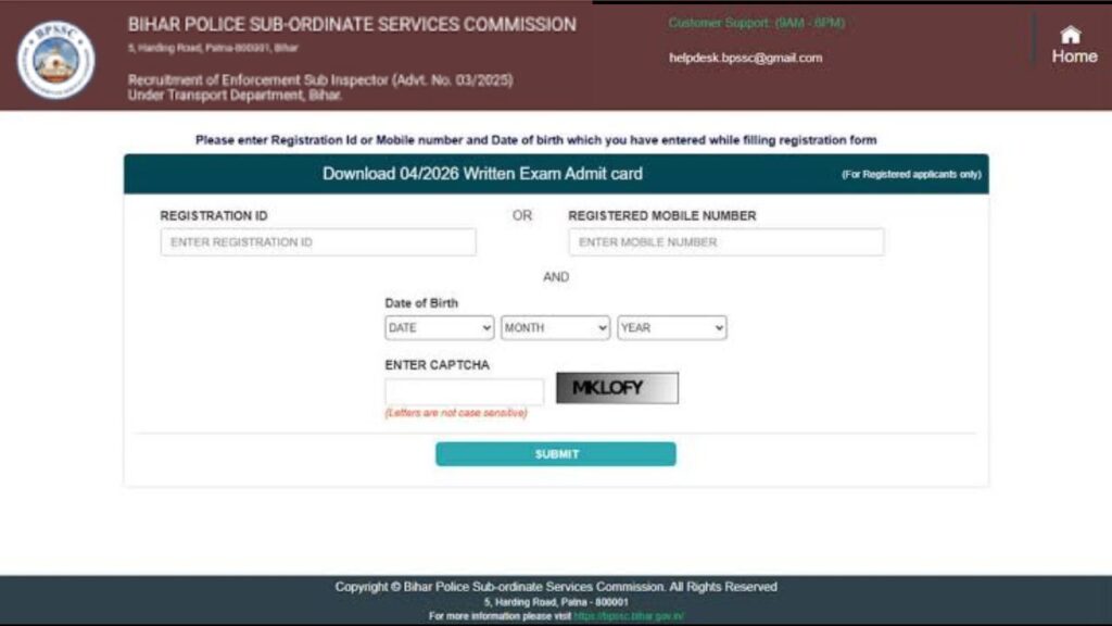 BPSSSC ASI Operation Admit Card 2026