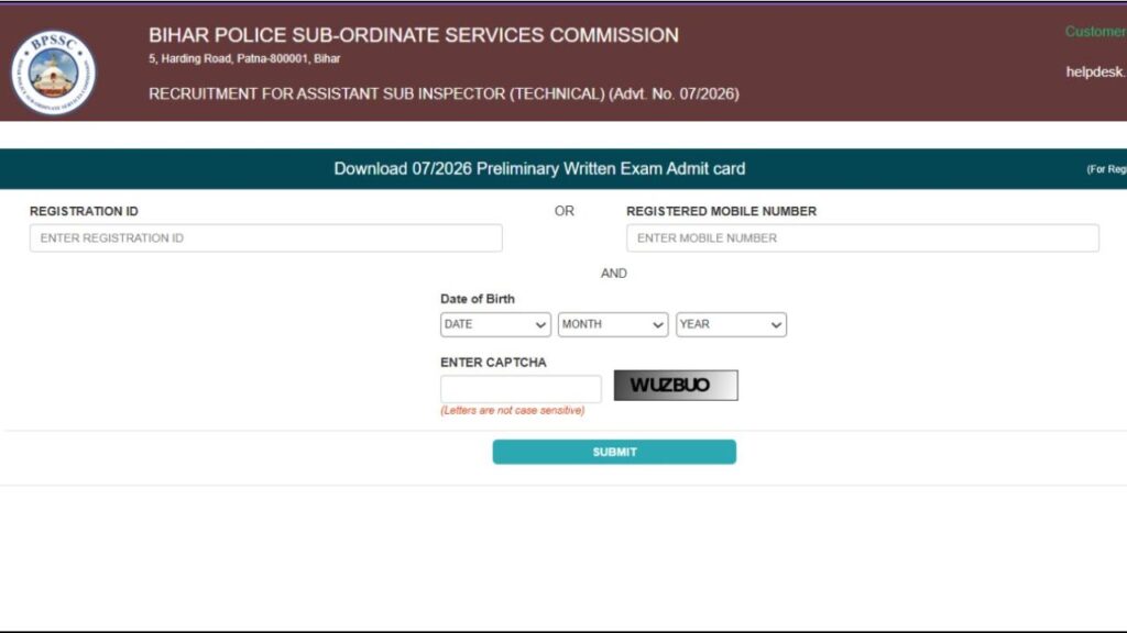 Bihar Police BPSSC ASI (Technical) Admit Card 2026