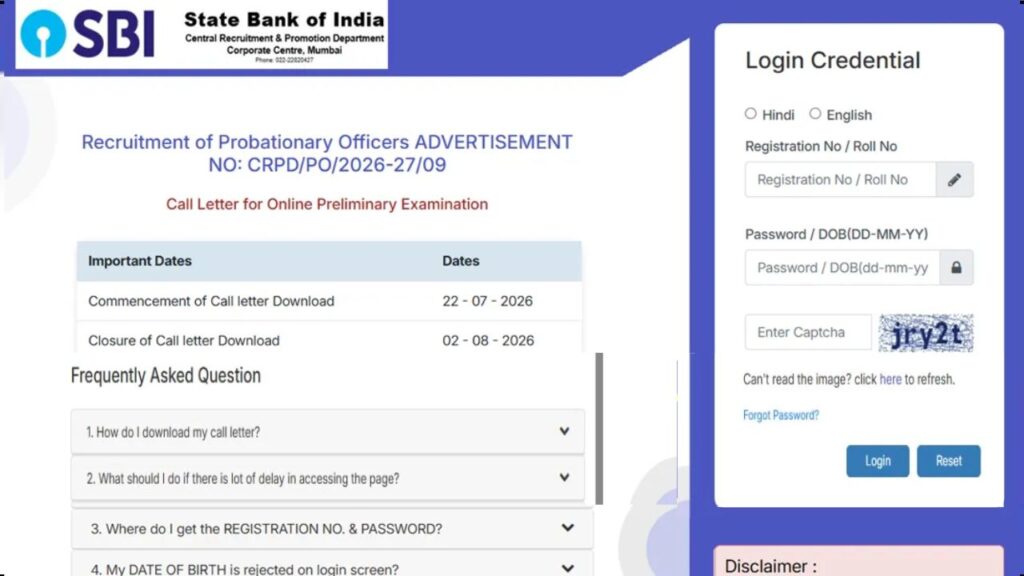 SBI PO Pre Admit Card 2026