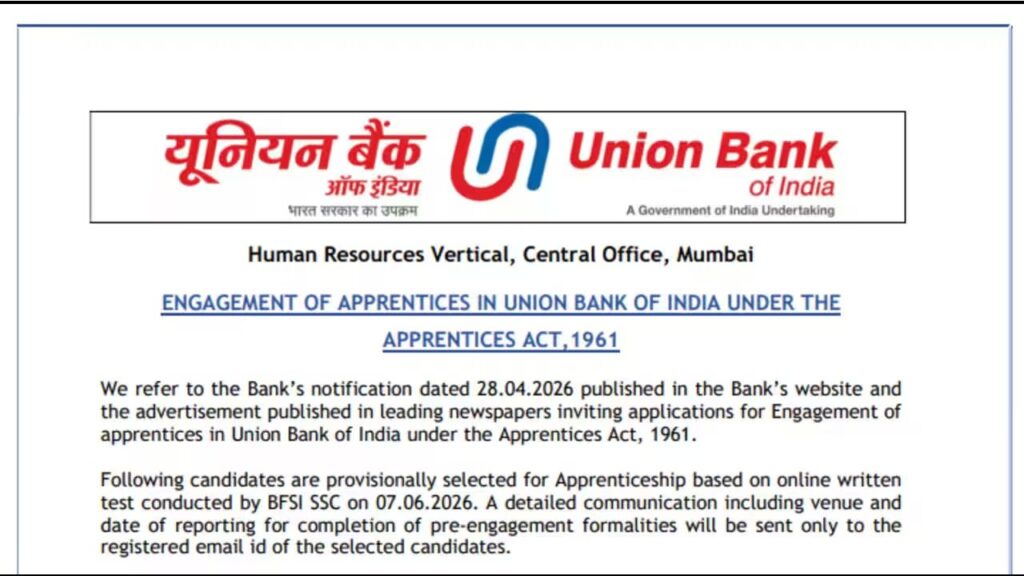 Union Bank of India Apprentice Result 2026