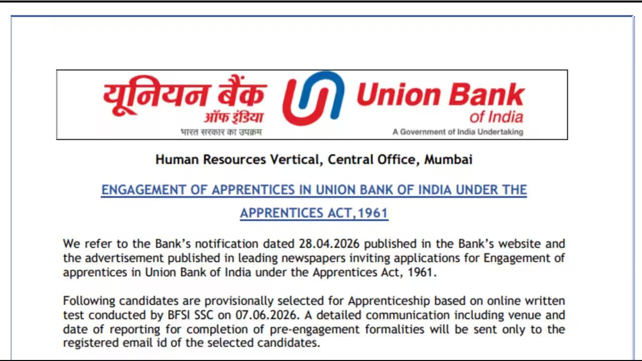 Union Bank of India Apprentice Result 2026